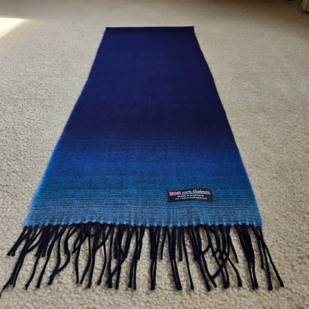 NWOT Blue Ombre Gradiated Cashmere Scarf with Fringe - Picture 5 of 8